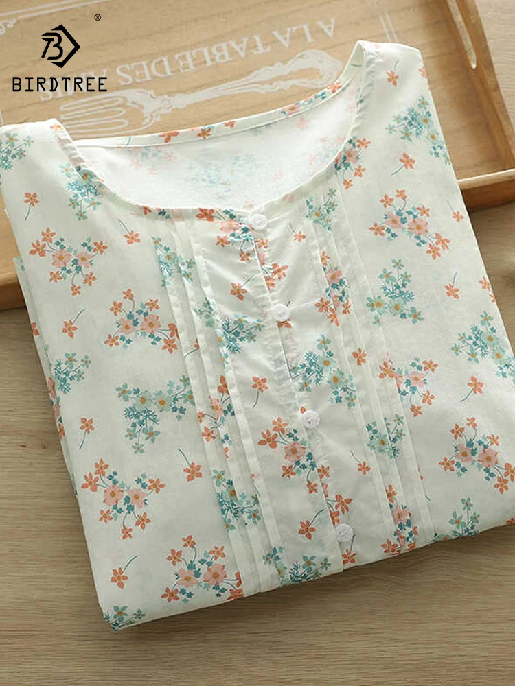 

New 2025 Summer Cotton 3/4 Sleeve Shirt, Women Square Collar Floral Print, Mori Girl French Commute Loose Doll Blouse T57350CC