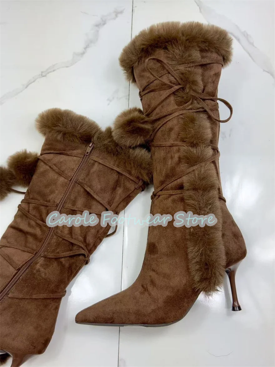 

Новые модные зимние теплые длинные сапоги Pulsh для женщин, ботинки на высоком каблуке с острым носком и перекрестной завязкой, женские вечерние модельные туфли