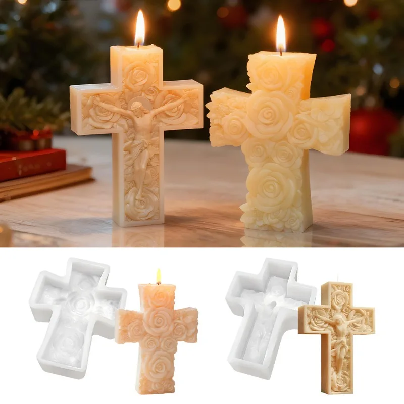 New Jesus Cross Character Candle Silicone Mold 3D Relief Rose Flower Cross Craft Gypsum, Cement, Soap Mold. Religious decorative view 2