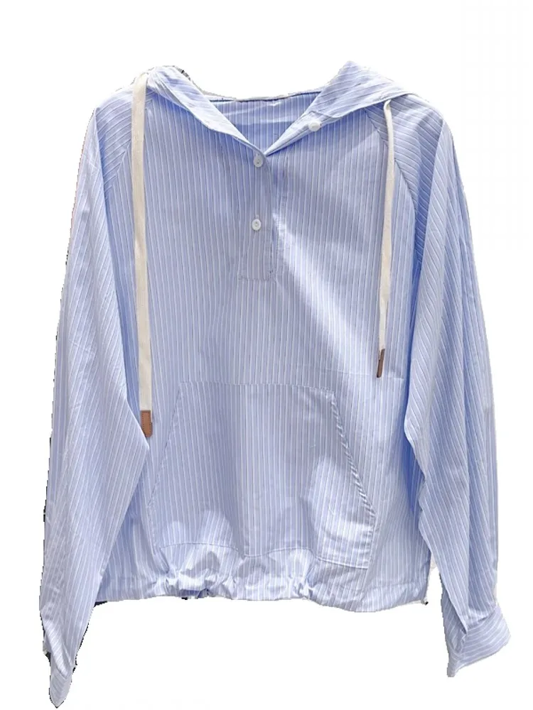 هودي نسائي فضفاض مخطط بأكمام طويلة، ملابس كاجوال للربيع والخريف، ملابس خارجية عصرية مريحة للتنقل، نمط كوري...