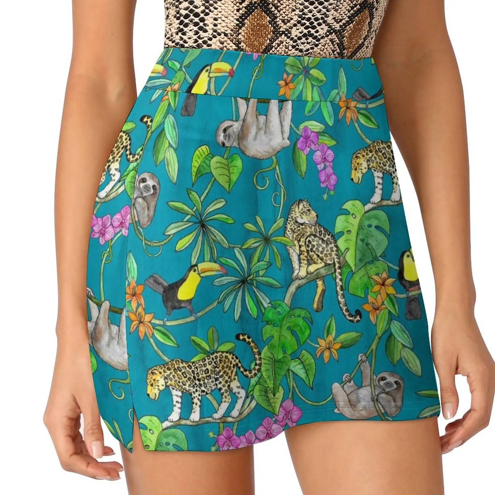 Rainforest Friends - watercolor animals on textured teal Mini Skirt Women's summer skirts women clothes Short skirts