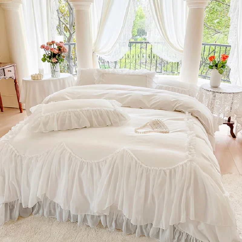 

White Pink Bedding Sets Luxury 100% Cotton Princess Romantic Wedding Lace Ruffles Duvet Cover Bed Skirt Bedspread Pillowcases