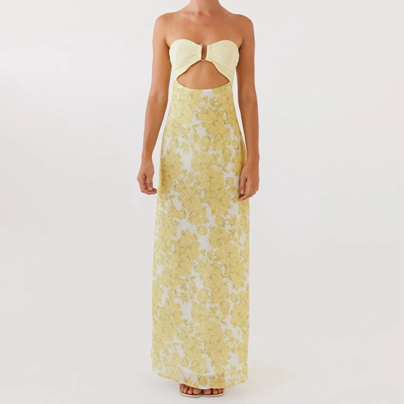 فستان Maemukilabe نسائي طويل بدون حمالات بلون سادة/طباعة الأزهار فستان طويل موضة الصيف بدون ظهر مع وشاح