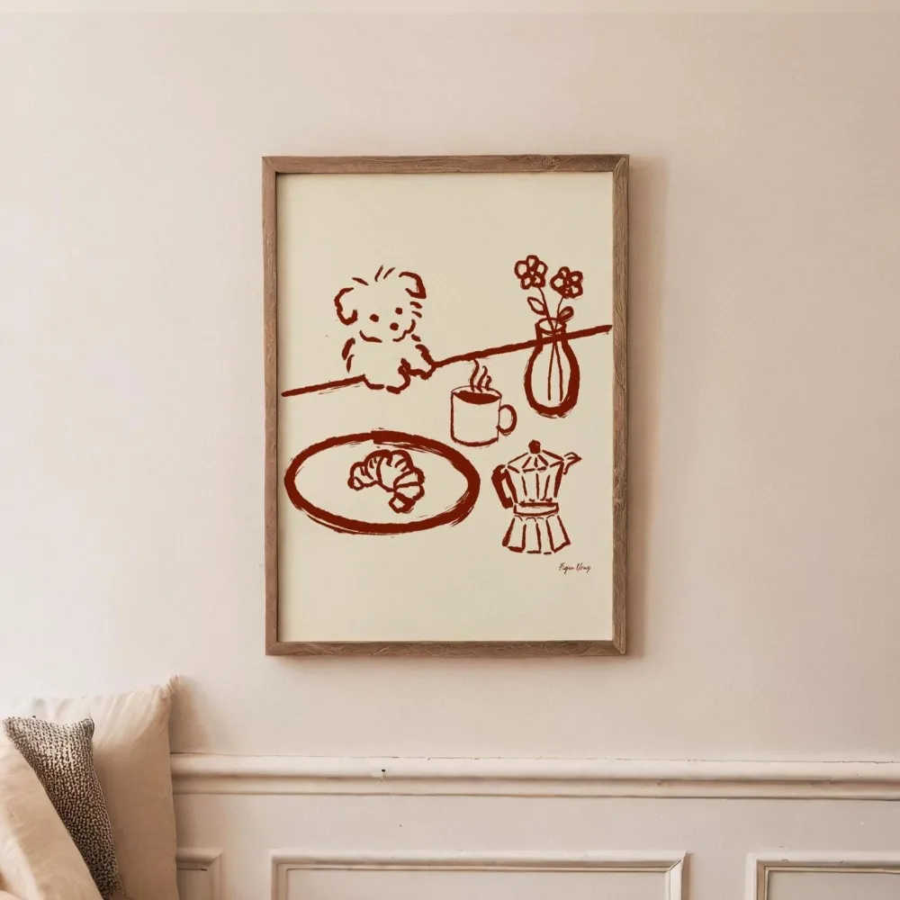 1pc (No frame),Abstract Coffee Wall Art, Sneaky Dog Kitchen Art, Scandi Breakfast Poster, Whimsical Animal Sketch, Wall Art, Din