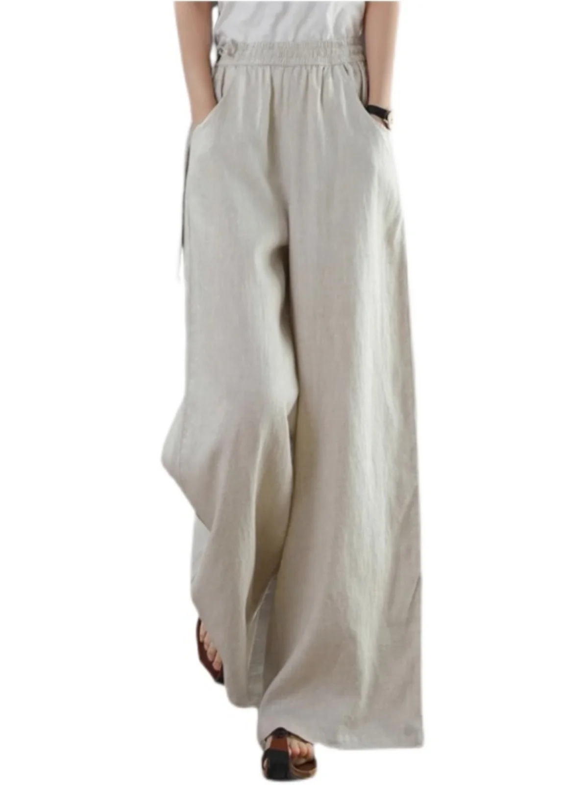 ارتفاع الخصر فضفاض مستقيم الساق عادية بنطال ذو قصة أرجل واسعة المرأة الرجعية القطن الكتان السراويل الطويلة اللحوم إخفاء السراويل تنوعا #5