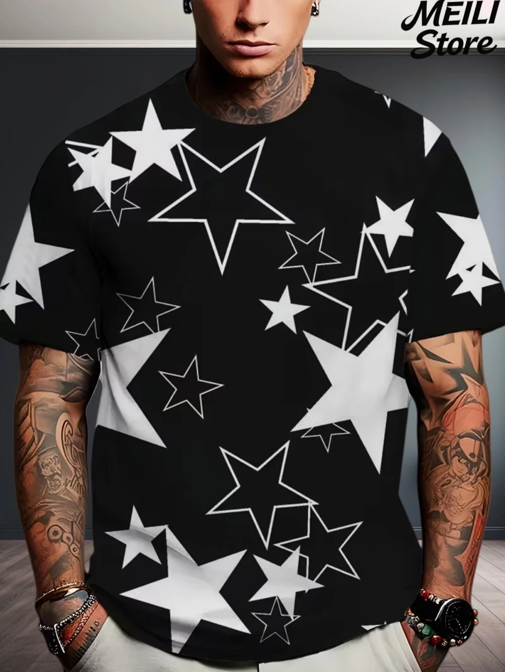 T-Shirt homme étoile élément imprimé T-Shirt à manches courtes pour hommes hauts à la mode col rond T-Shirt chanceux été conception quotidienne vêtements pour hommes