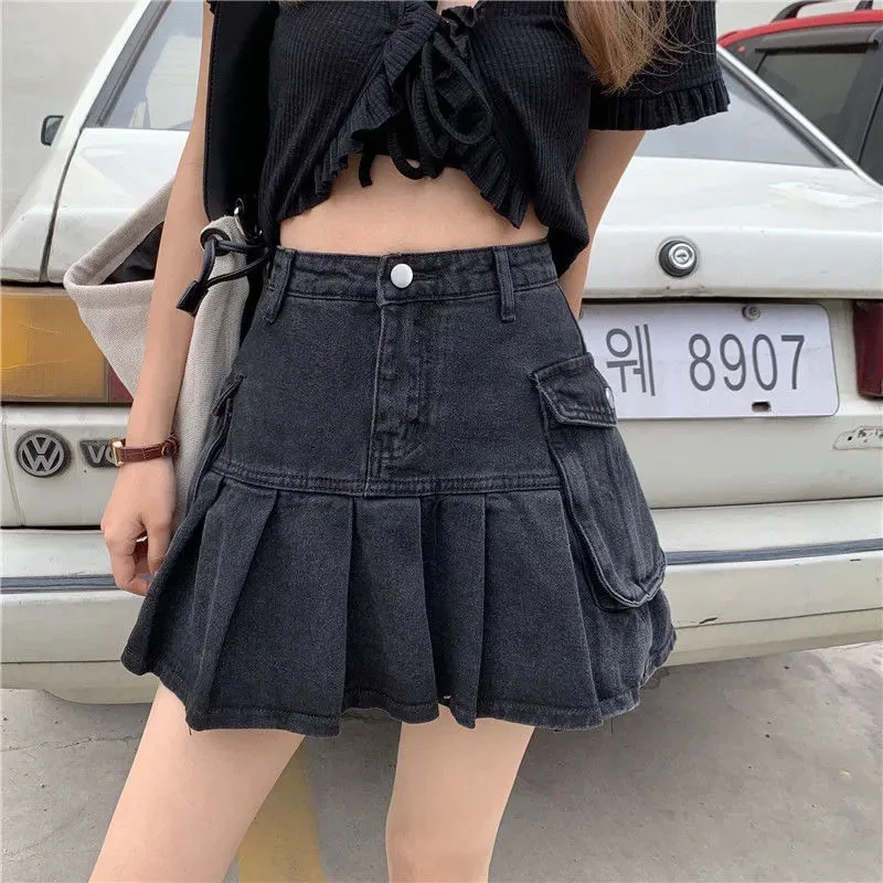 

Black High Waist Denim Pleated Skirt Women Y2K Fashion Streetwear Pocket Cargo Jeans Skirt Korean Preppy All Match Mini Skirts