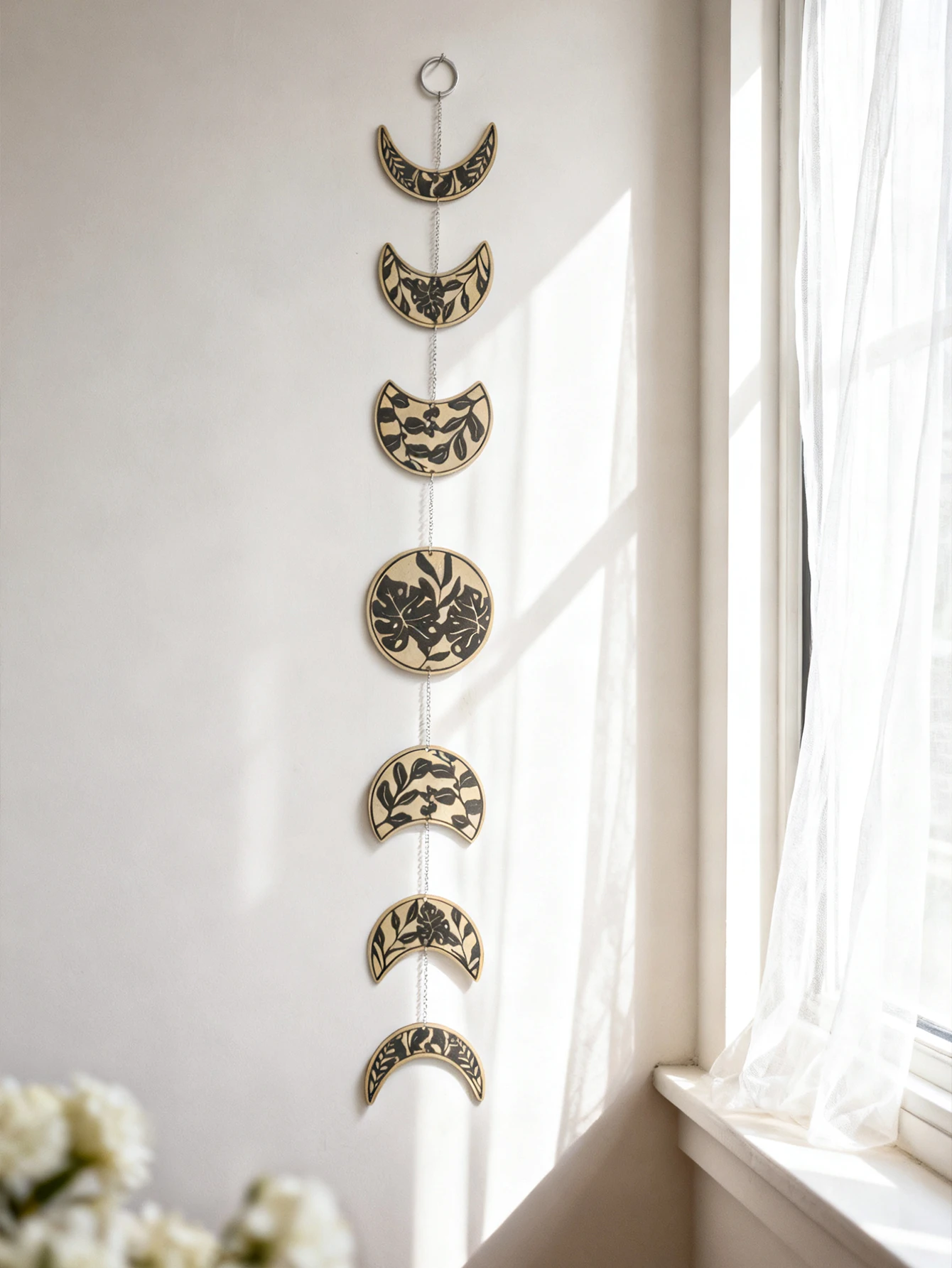 Boho Moon Phase Wall Hanging Decor, Floral Pattern Moon Cycle Art Ornaments, Spiritual Home Decor for Living Room & Bedroom Gift