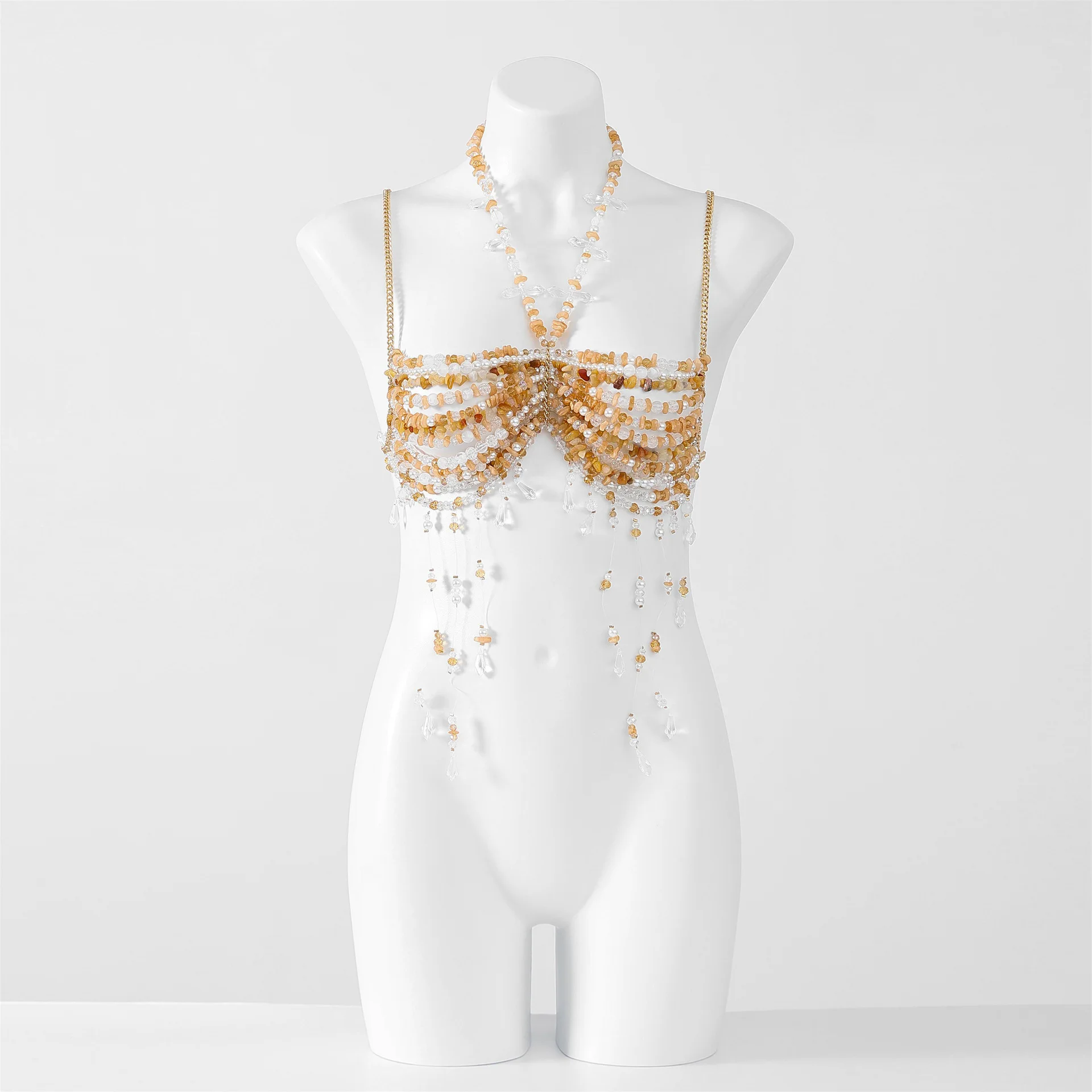 New Colored Beaded Top With Spicy Girl Body Chain Hanging Around The Neck And Chain Tassel Top, Shell Pendant Chest Decoration