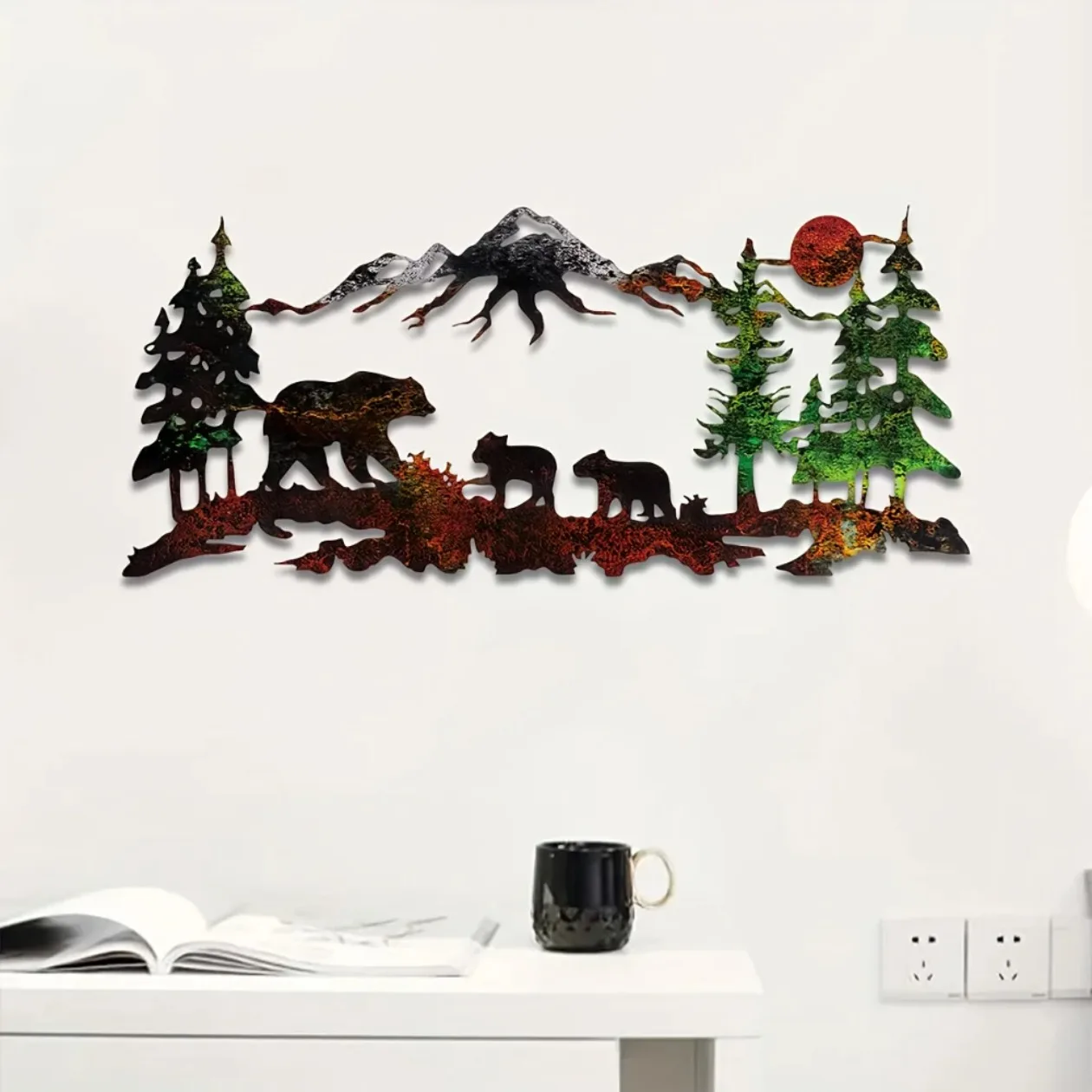 Arte de pared de metal de montaña de oso del bosque, pintura natural de silueta para decoración rústica del hogar de la cabina