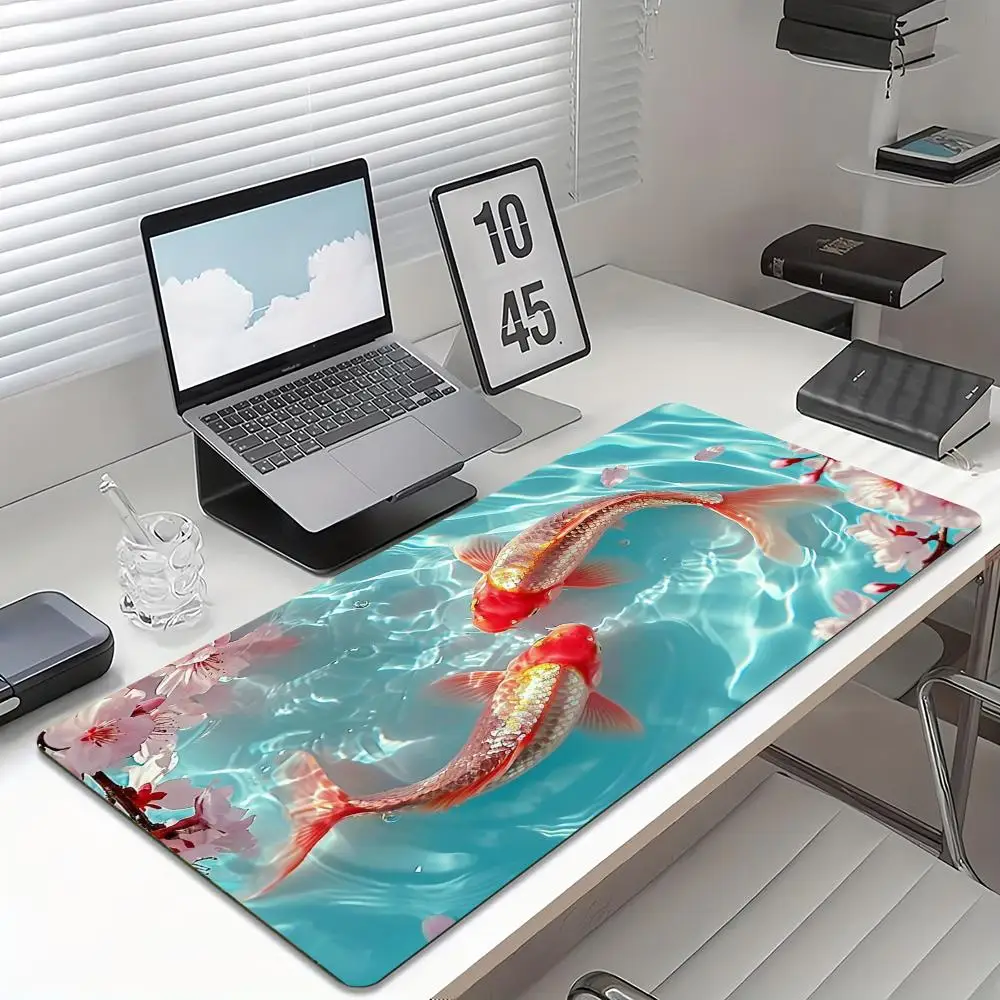 Koi Fish Sakura Large Extended Gaming Mouse Pad Non Slip Desk Surface Oriental Art Print For Gaming And Office Workspace