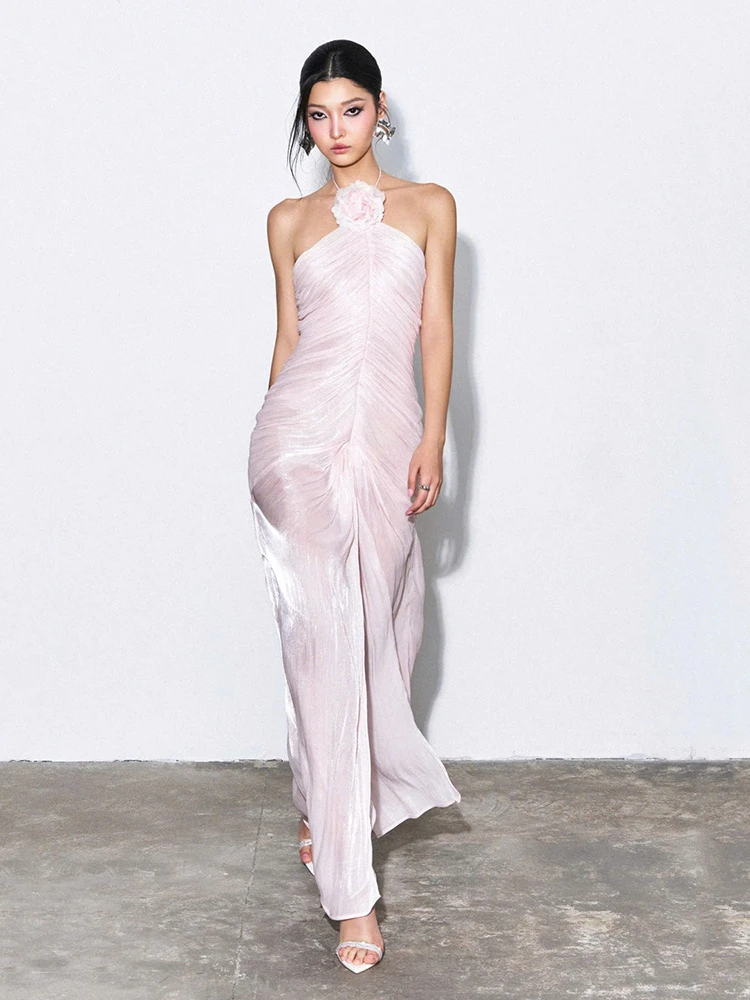 LORIE Schickes, einfarbiges Abendkleid mit Falten und Blumenmuster, Neckholder-Partykleid, sexy, sommerliches, rückenfreies, ärmelloses Ballkleid, individuell anpassbar