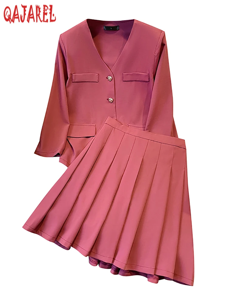 Women Pink Bodycon Top Coat+Pink Pleated Mini Skirt Two Piece Sets 2024 Autumn Winter Korean Fashion Elegant Kawaii Dress Suits