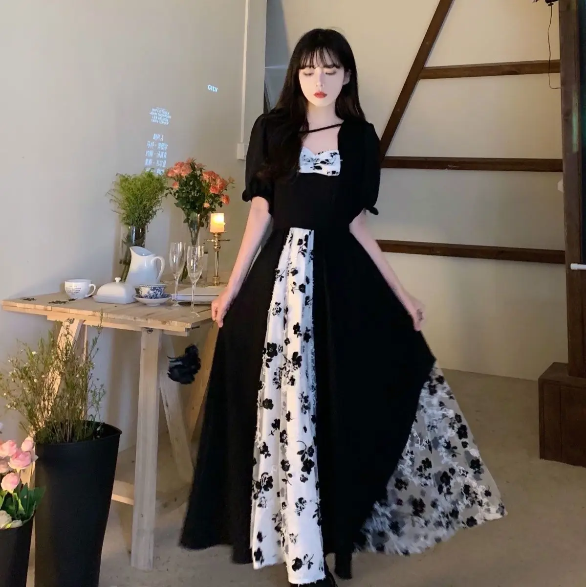 Autumn Retro Floral Printed  Women Dress Square Collar Puff- Sleeve Loose A-line Patchwork Black Dress Vestido Plus Size 5XL