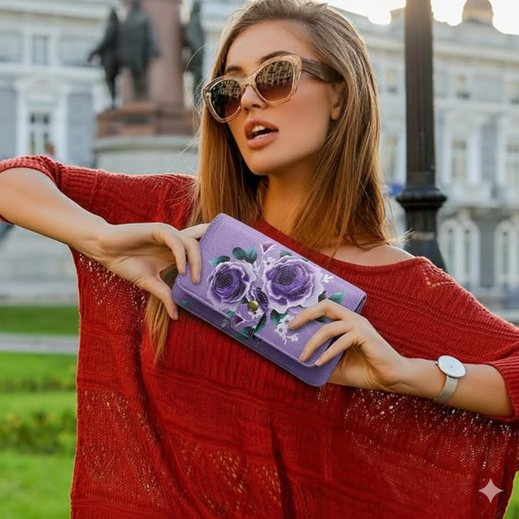 Elegant Floral PU Leather Clutch Wallets for Women - Zipper Handbag Fashion Large Capacity Long Wallet Clutch Bag Phone Bag Multi-card Card Holder Coin Purse for Women Wallet Set Includes Bow Accessory