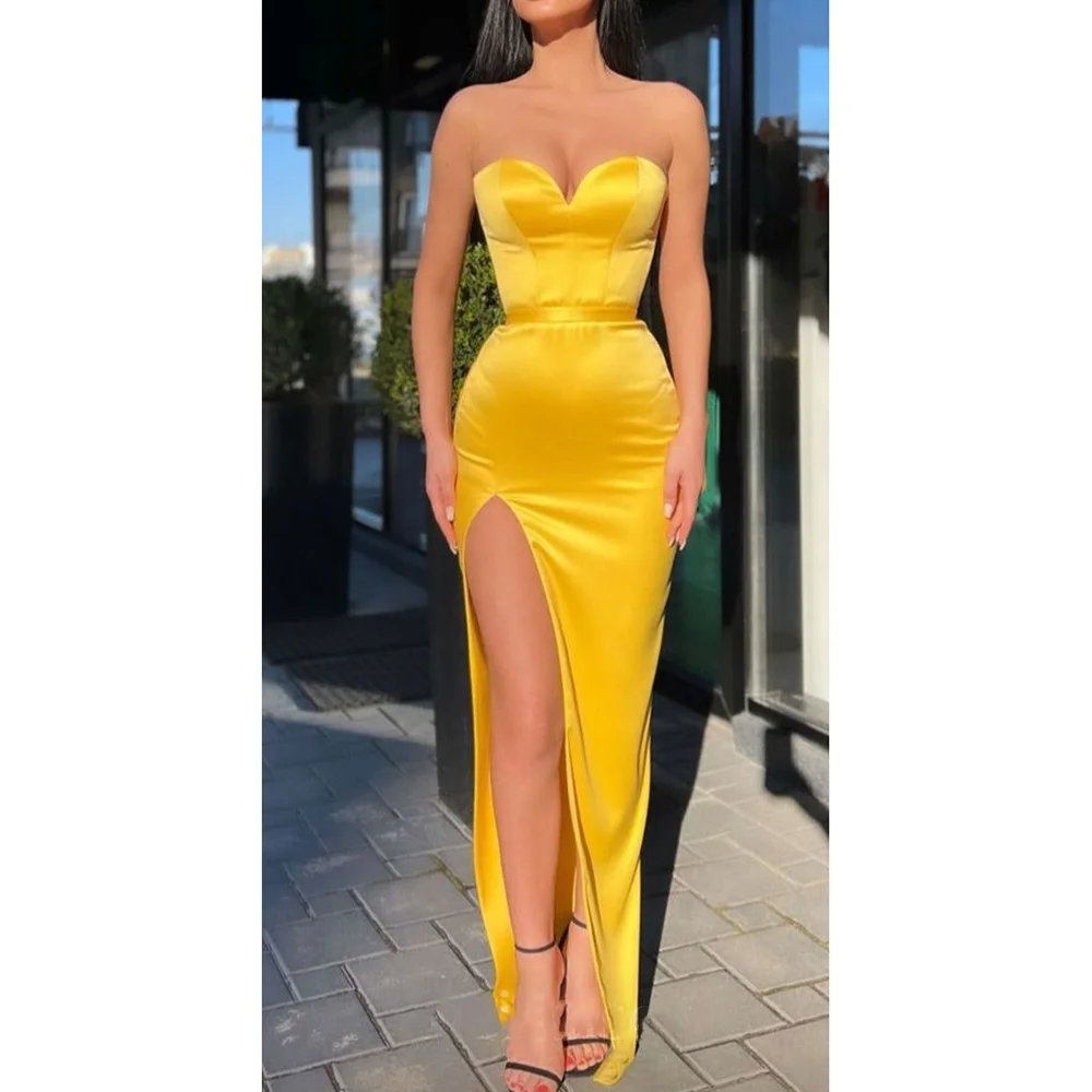 

Yellow Sweetheart Sleeveless Mermaid Floor Length Side Split Prom Gown Slim Fit Elegant Dinner Party Dress