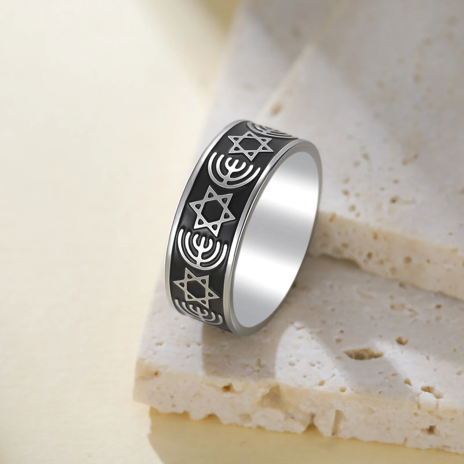 Hexagram Candlestick Stainless Steel Ring Jewish Religious Blessing Gift for Men and Women