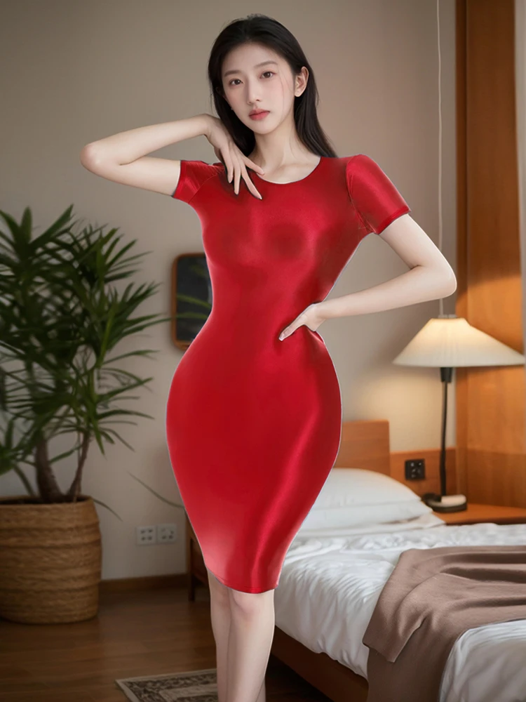 Sexy feminino doce cor óleo brilhante brilhante apertado lápis vestido mancha suave bodycon vestido elástico push up pacote hip passo vestido