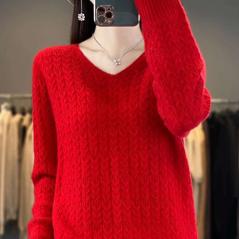 2024 Autumn/Winter V-neck Long sleeved Loose Knitted Sweater 100% Pure Wool Hoodie Versatile Women's Interior Wool Top