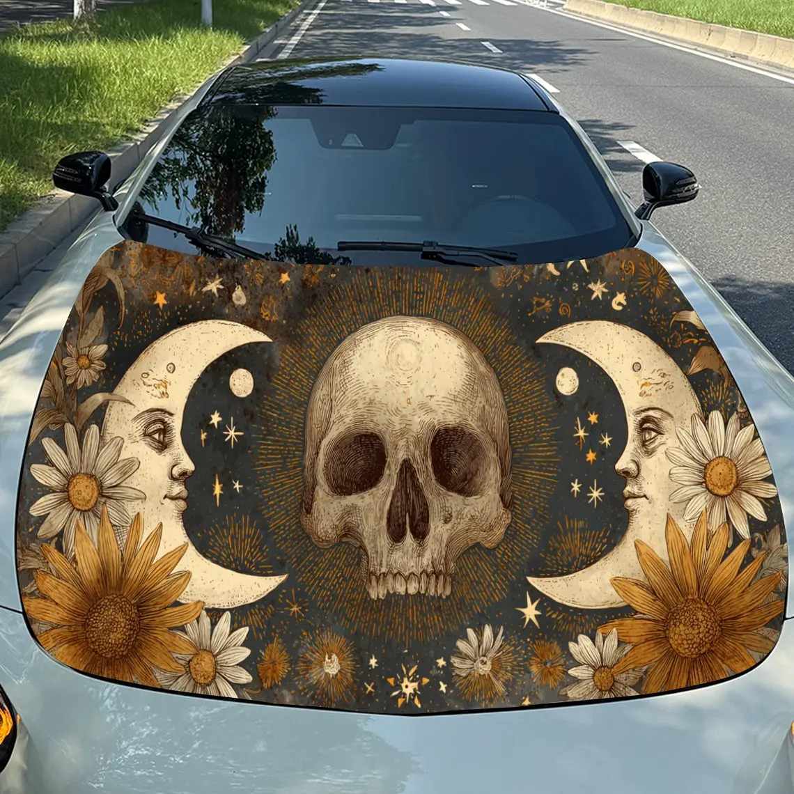 

Fashionable Vintage Skull Moon Floral Auto Cover Sticker, Waterproof and Self-adhesive Auto Hood Decal, Auto Vinyl Wraps, Cool C