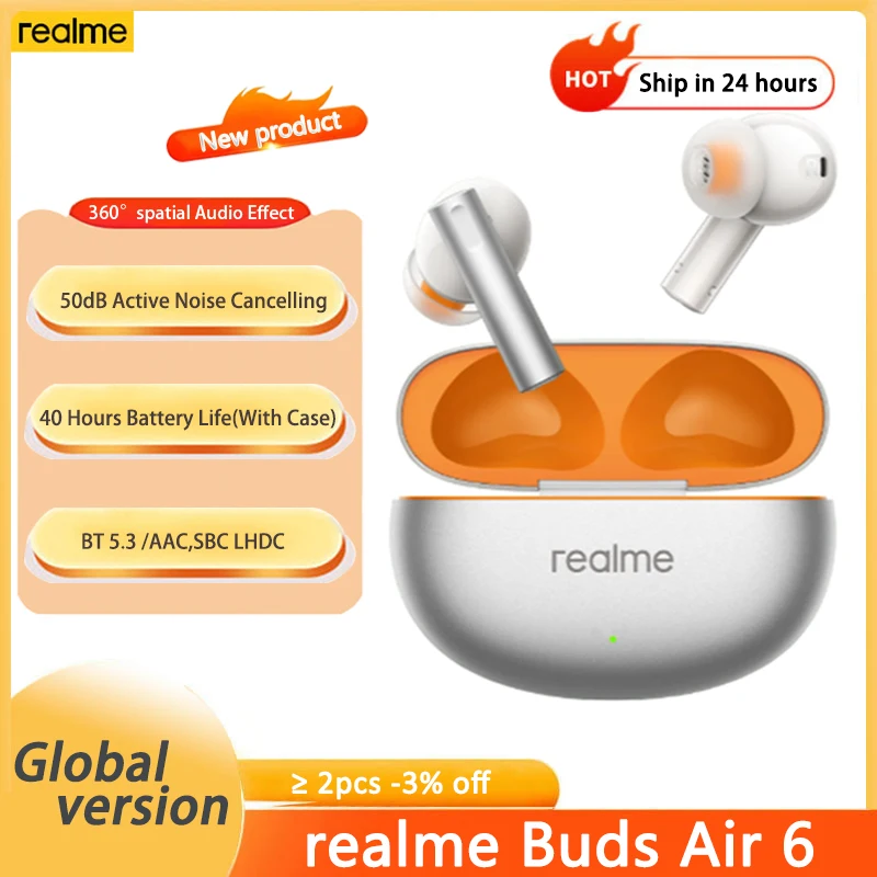 الإصدار العالمي الجديد من سماعات Realme Buds Air 6 اللاسلكية 50 ديسيبل مع خاصية إلغاء الضوضاء النشطة عمر البطارية 40 ساعة سماعة رأس بلوتوث 5.3