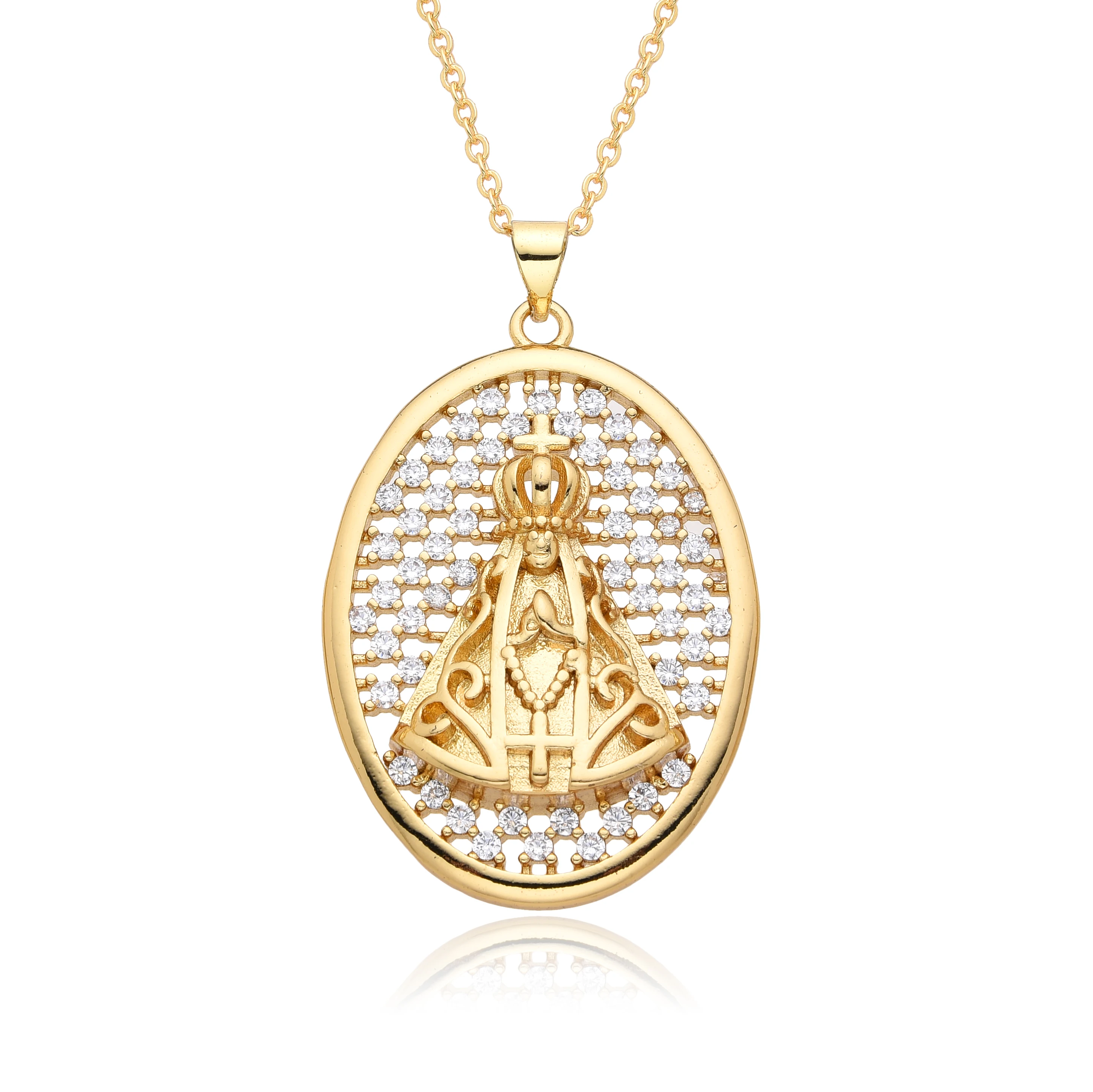 Gold Color Oval Our Lady St. Jude Virgen del Valle Jesus Charms Cubic Zirconia Virgin Mary Necklace for Women Pendant Jewelry