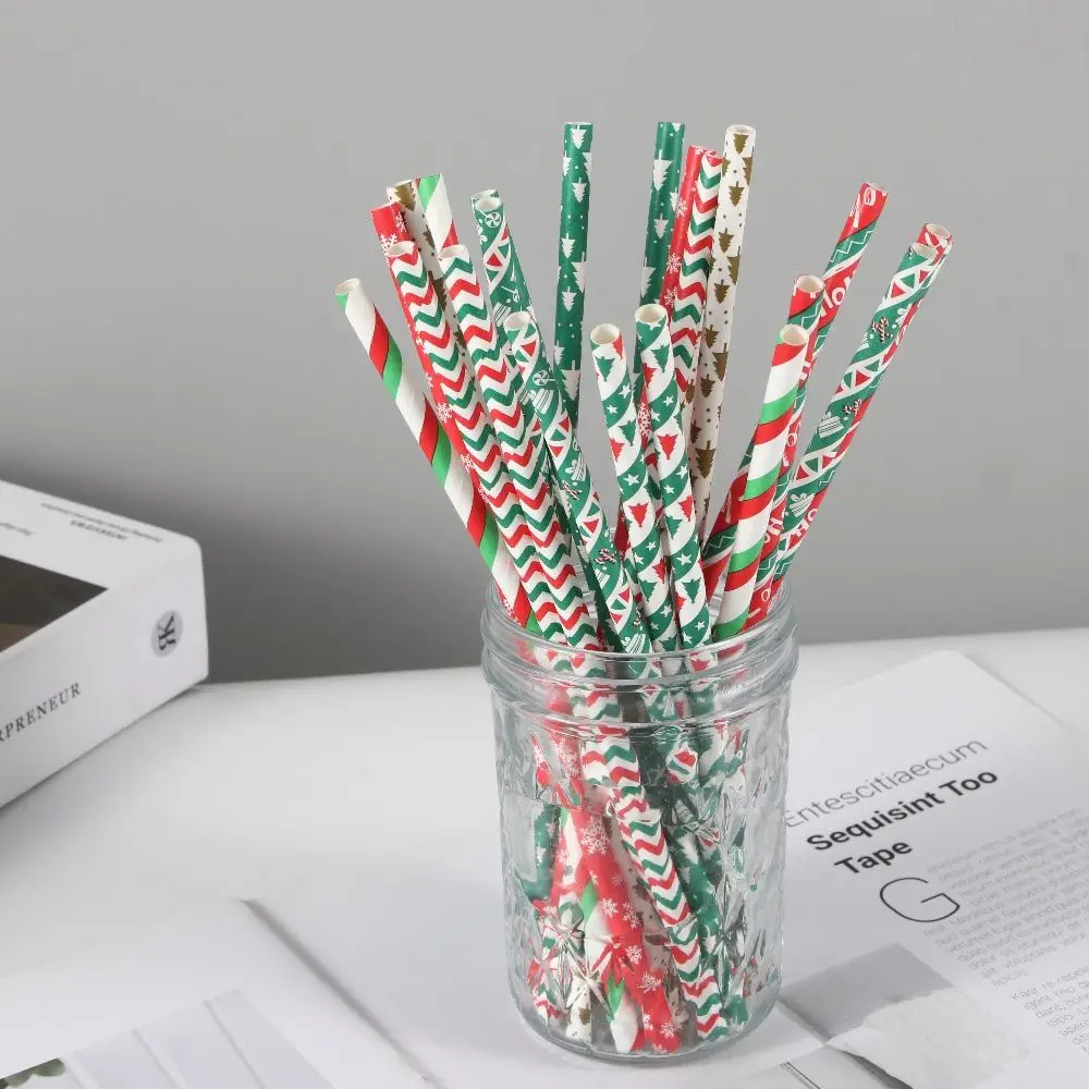 Xmas Holiday Themed Paper Tableware Multicolor Disposable Bar Tools Party Supplies Christmas Decoration Drinking Straws