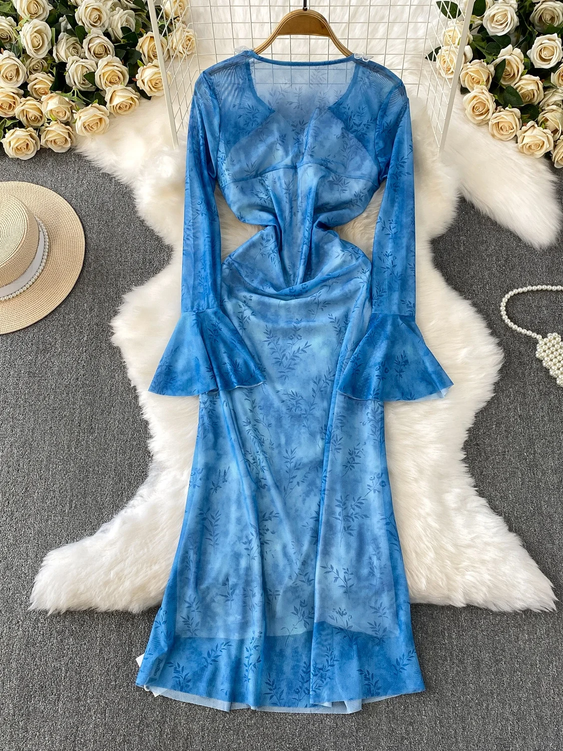 Ele v-ne Bell Sve imprimé Long Dr femme automne taille cintrée florale Nailhead Dr Faionable trajet Sle