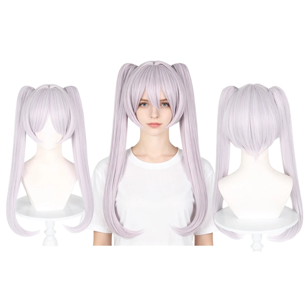 

25 Inch Silver Lavender Double Ponytail Long Straight Wig With Full Bangs Heat Resistant Synthetic Hair Daily Wea For Women