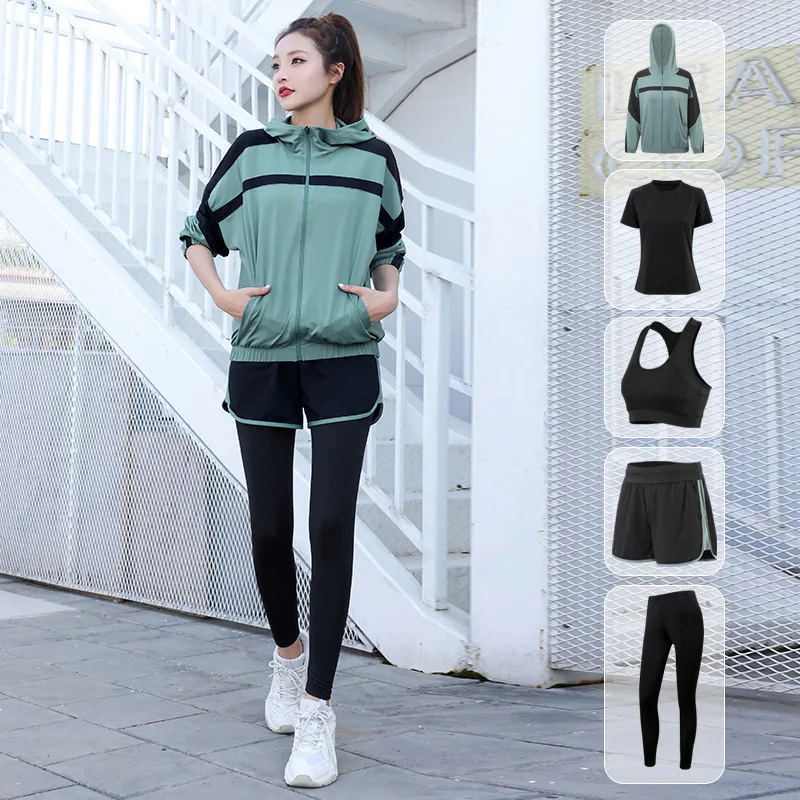 Conjunto deportivo de Yoga para mujer, ropa de entrenamiento para correr, abrigos, sujetador, camiseta, pantalones y pantalones cortos, chándal de gimnasio para Fitness