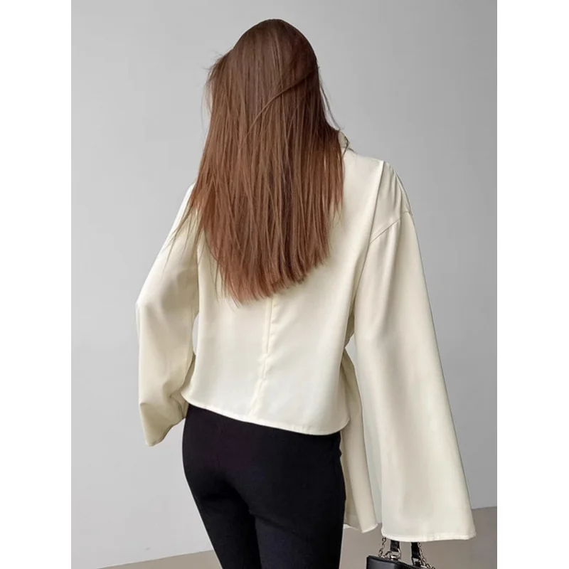 Chiffon Flared Sleeve Blouse for Women2025Spring Fashion Apricot Color Tie Waist Stand Collar Women's Shirt