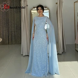 Elegant Mermaid Pearls Evening Dress for Women 2024 O Neck Long Chiffon Cape Sleeves Formal Prom Wedding Party Gowns Customized