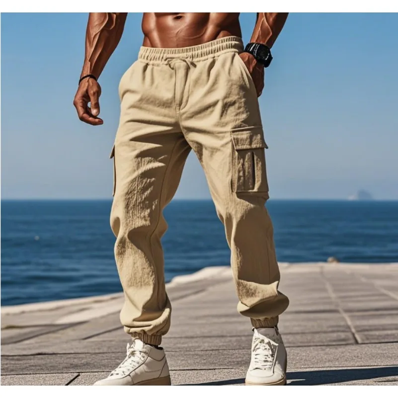 

Новые мужские брюки из хлопка и льна с несколькими карманами до щиколотки, свободные брюки на шнурке, рабочая одежда, спортивные трендовые мужские брюки