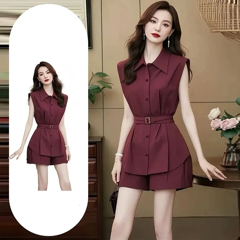

Women's Summer Graceful Slim Polo Sleeveless Shirts Short Pants Two Piece Suits Office Lady Wine Red Tank Tops Trousers Outfits