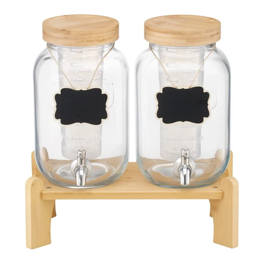 

Set of 2 Glass Beverage Dispensers with Wooden Stand 1Gallon Capacity Each Stainless Steel Spigot and Infuser Perfect for Servi