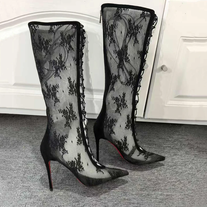Women's Boots Hollow-Out Lace Mesh Uppers Sexy Lace-Up Black Heels Design Stiletto Sexy Pumps Pointy High-heeled Shoes