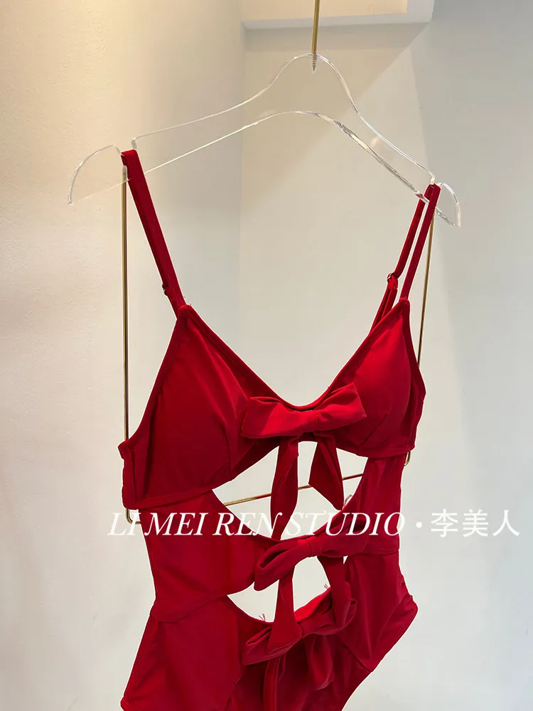 New Bow red one-piece swimsuit women's vacation bikini