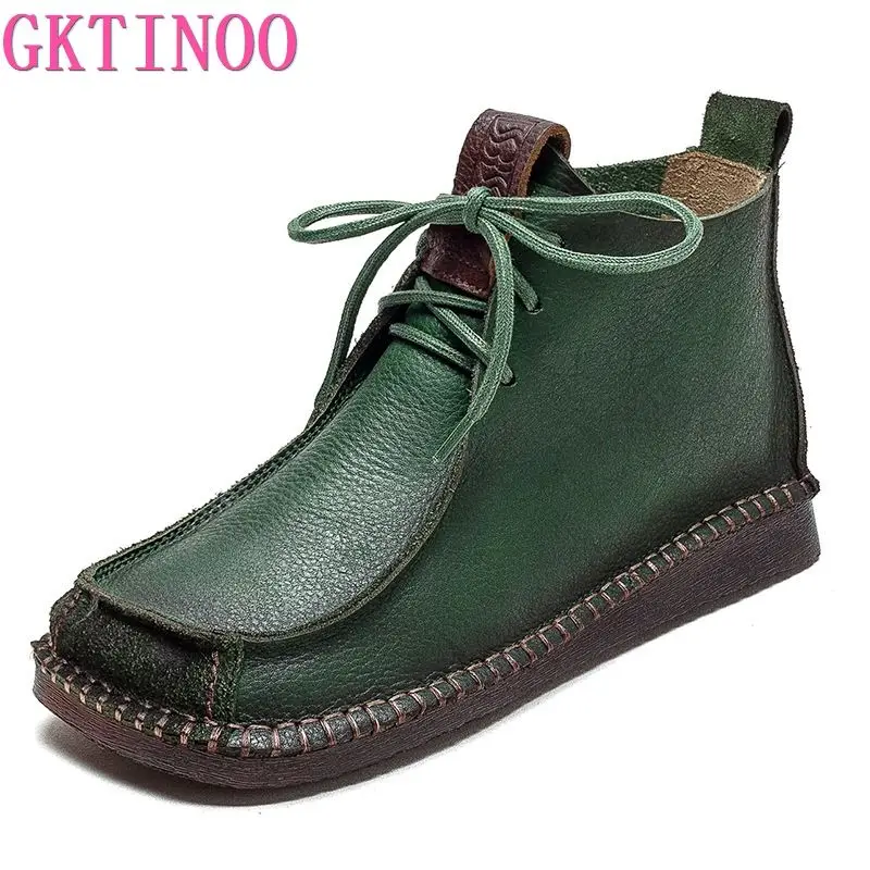 GKTINOO Square Toe Lace Up Thick Soled Boots For Women Platform Ankle Boots Genuine Leather Autumn Luxury Sewing Causal Shoes