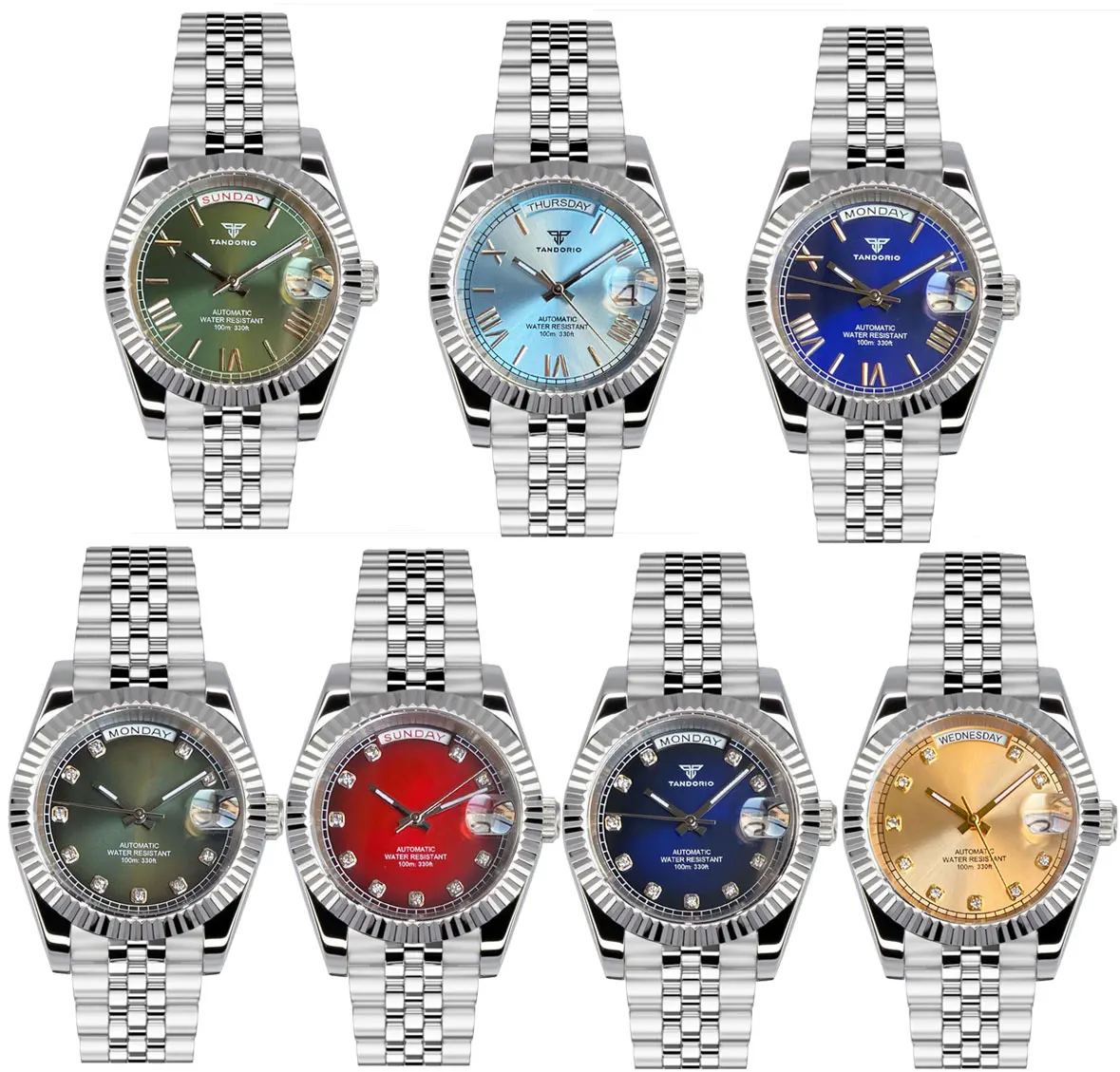 Tandorio Luxury NH36A Watch for Men Automatic Movement Classic Roman Dial Diamond Markers Day Date Sapphire Jubilee Band 36/39mm