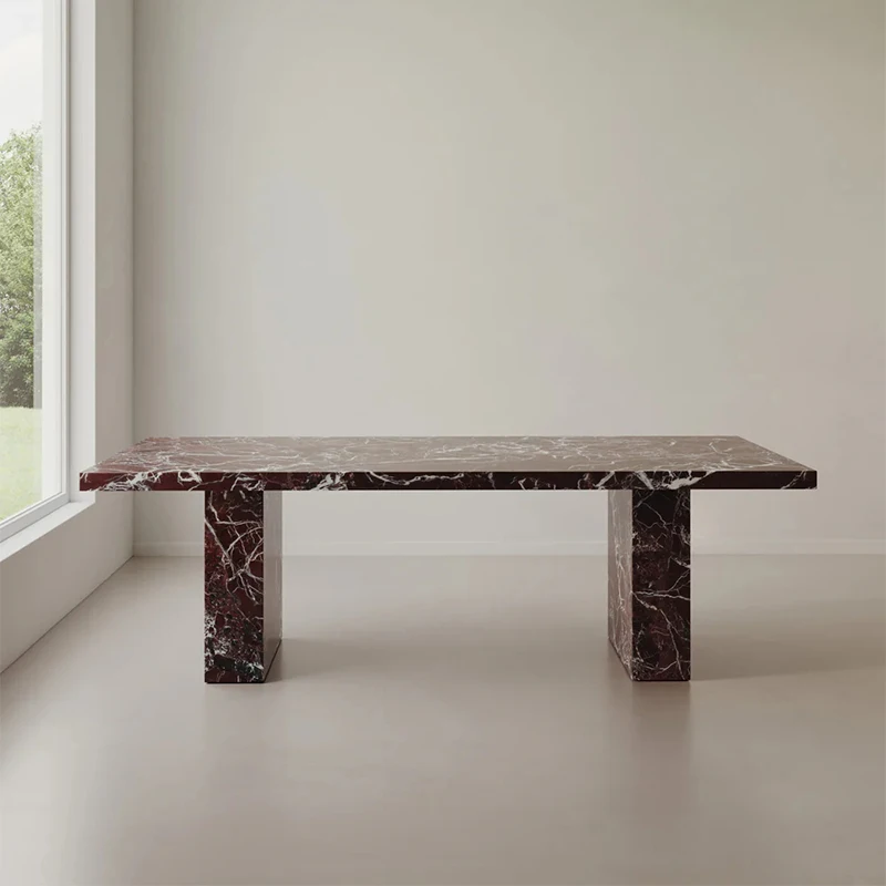 #Dream Home Luxury Rosso Levanto Marble Dining Table Rectangular Top Two Thick Block Legs Modern Home Dining Table