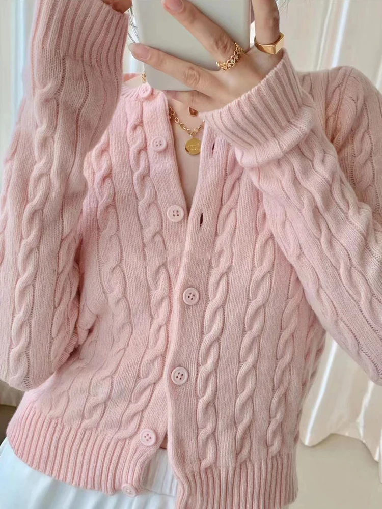 Twisted Flower Pink Slim Cardigan Women Autumn Round Neck Cotton Single-Breasted Outerwear Vintage Sweet Knitted Short Sweater