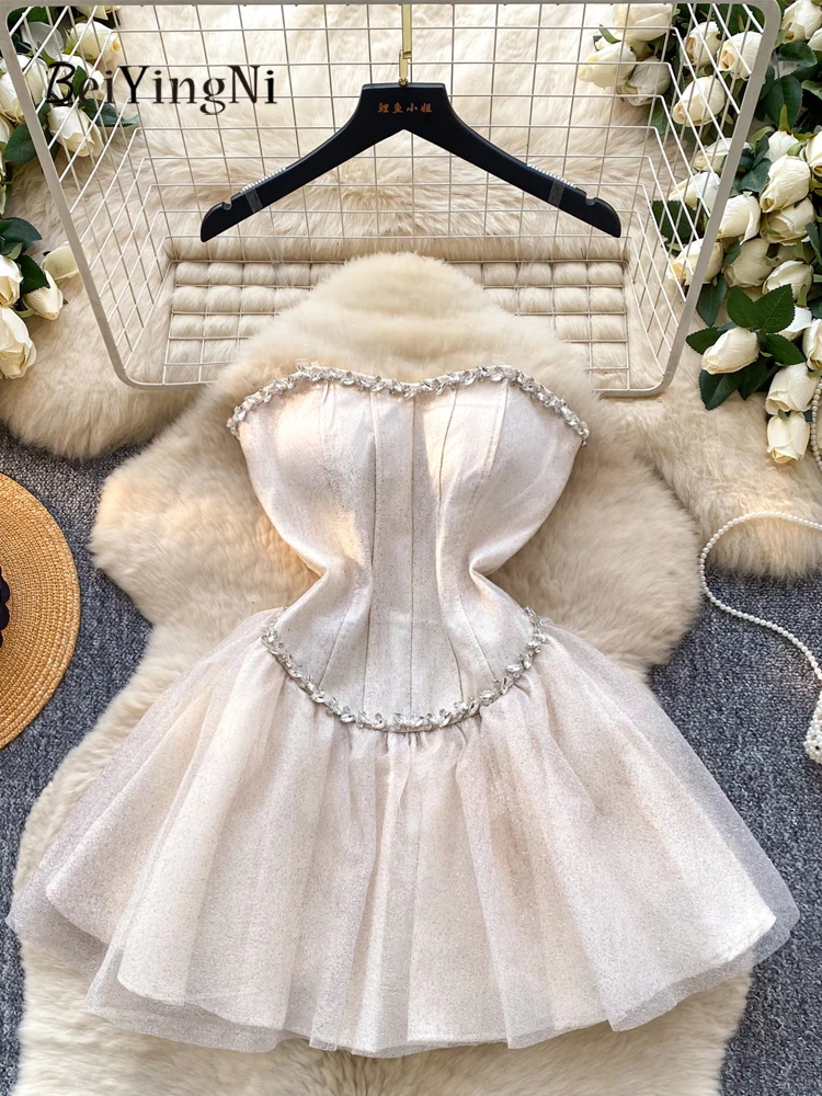 Beiyingni 2026 primavera novo estilo vestido de festa feminino indústria pesada miçangas aniversário curto tutu vestidos luxo malha vestido sem alças