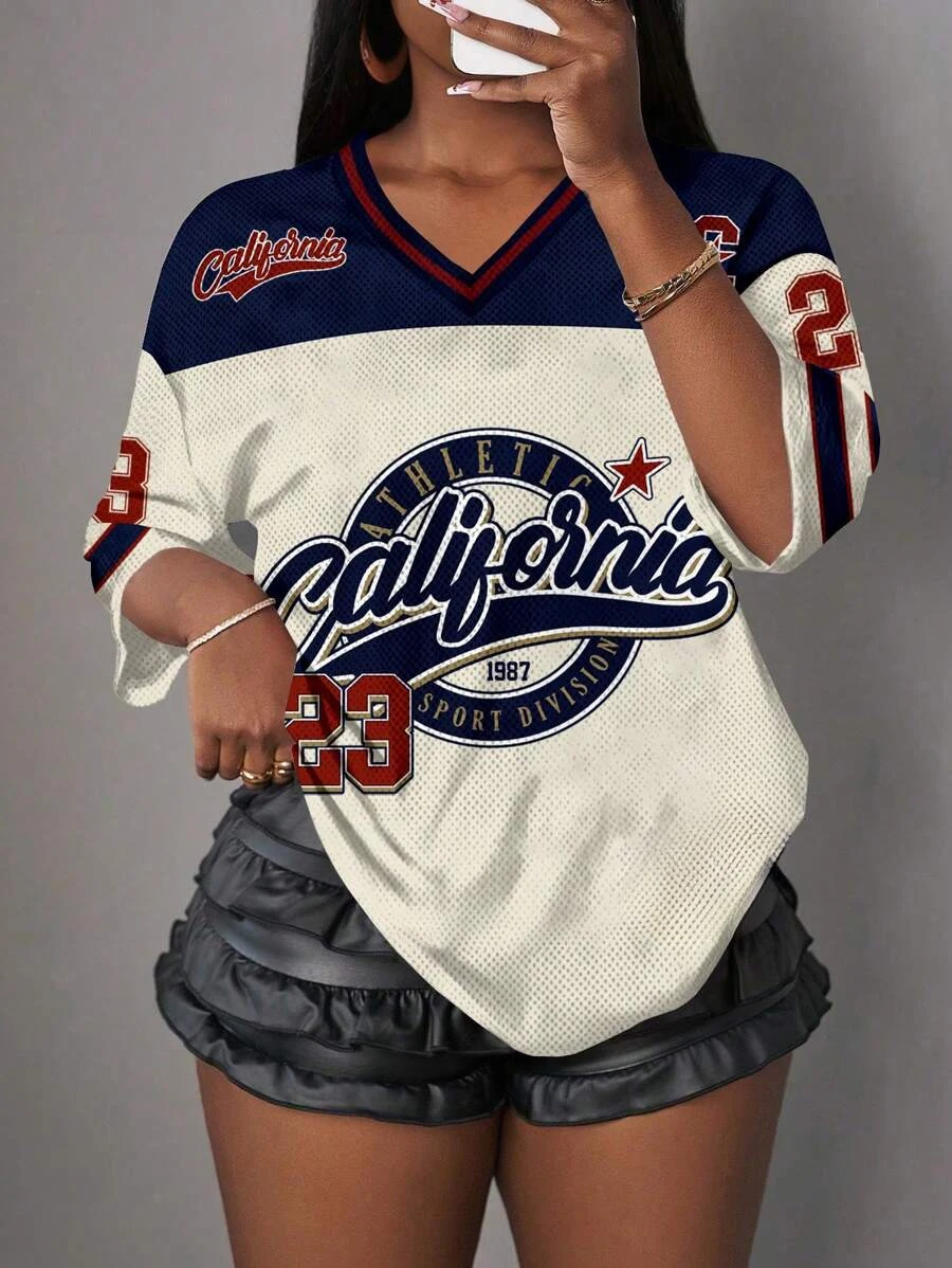 Europese en Amerikaanse damesmodieus casual T-shirt met V-hals en korte mouwen nr. 23 Losse, ademende en comfortabele sporttop