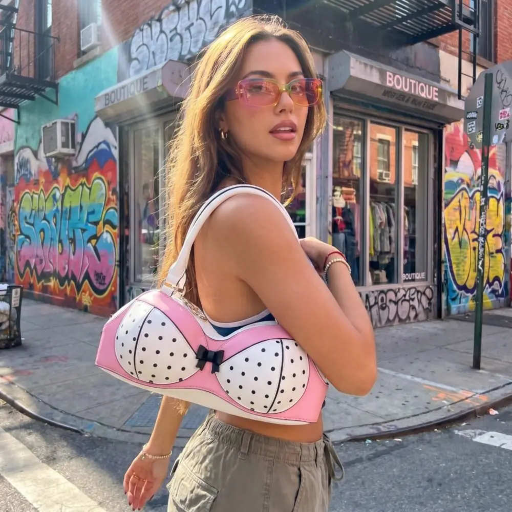 Casual Korean Style Polka Dot Bra Shoulder Bag Y2k Bra Shape Underarm Bag Harajuku Bow Pink Bikini Handbag Ladies