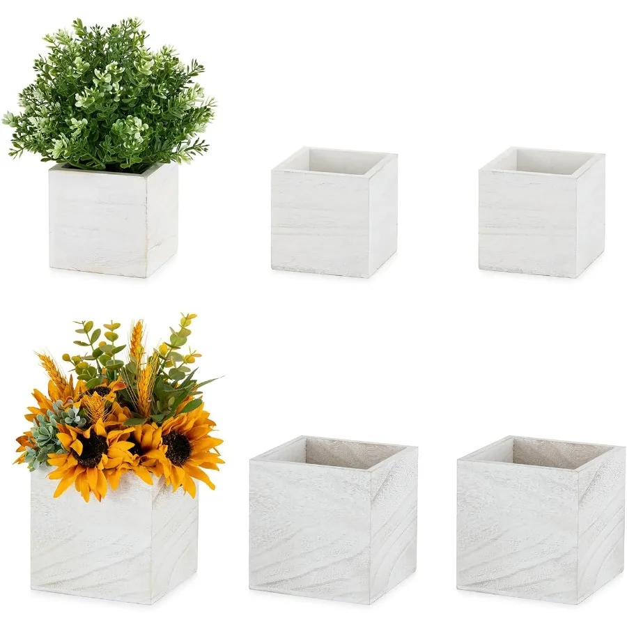 

Wooden Box for Centerpiece Wedding: 6 Pcs Rustic Square Planter Box FarmhouseTable Dr 4×4 5×5 Whitewashed Small Wood Vases Flow