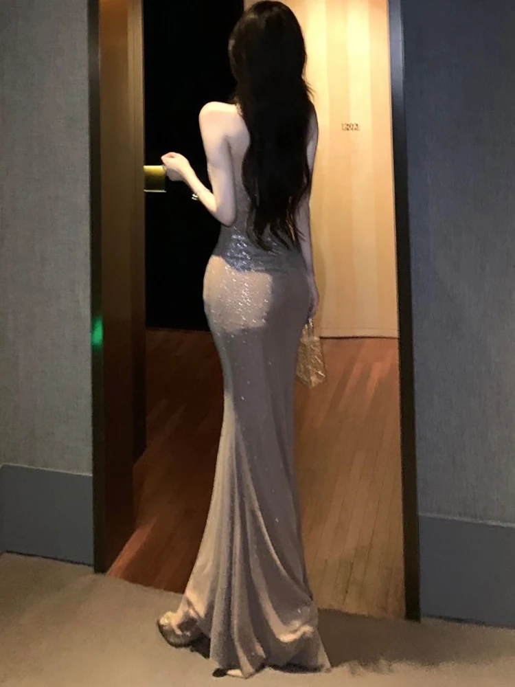 Femmes solide paillettes Chic poitrine enveloppement Sexy robe Maxi été élégant moulante robe de soirée 2025 coréen Vintage luxe robes