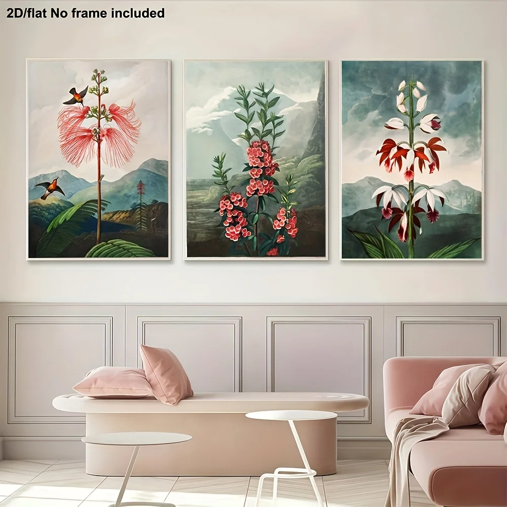 3PCS Frameless,3pcs, Decorative Paintings, 2D Flat UnCanvas Art, Flora Temple - 3 Floral Prints (Botanical Art by Robert John Th