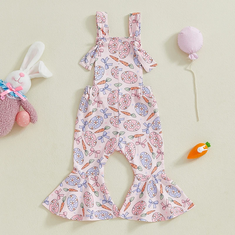 Toddler Kids Baby Girls Easter Rompers Easter Egg Bunny Bow Print Sleeveless Backless Jumpsuits Bell Bottom Flare Pants Clothes