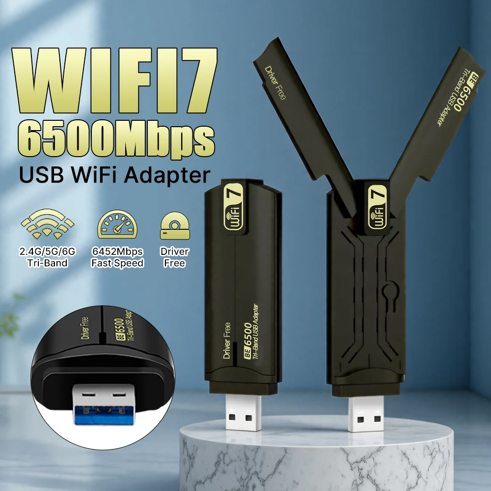 

WiFi 7 BE6500 Wireless USB 3.0 Adapter Reatek RTL8912AU Tri-Band 2.4G/5.8G/6GHz 802.11AX Free Drive for Win 10/11