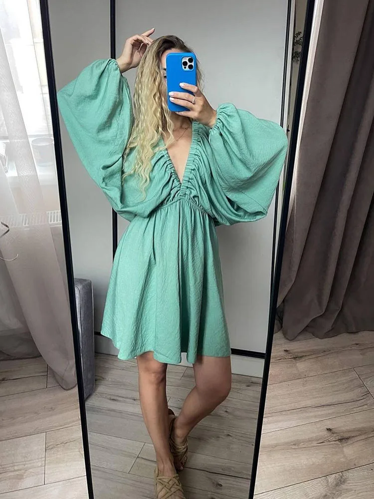 Summer 11 Candy Color Long Sleeve Dresses Women Tourism vacation Deep V Neck Women Summer Boho Dresses